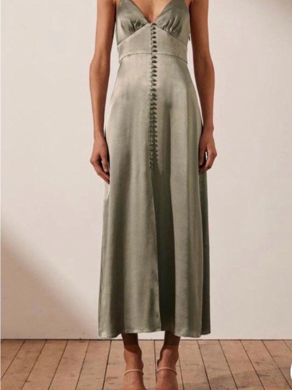 Shona Joy Sage Satin Midi Slip Dress with Front Decorative Buttons